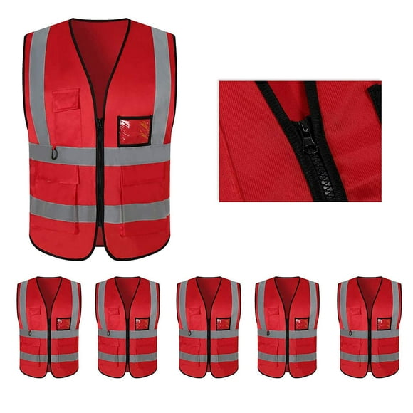 mountmarter 5 Pack Reflective Safety Vest for Women Men High Visibility Reflective Vest with 5 Pockets and Zipper Hi-Vis Neon Red