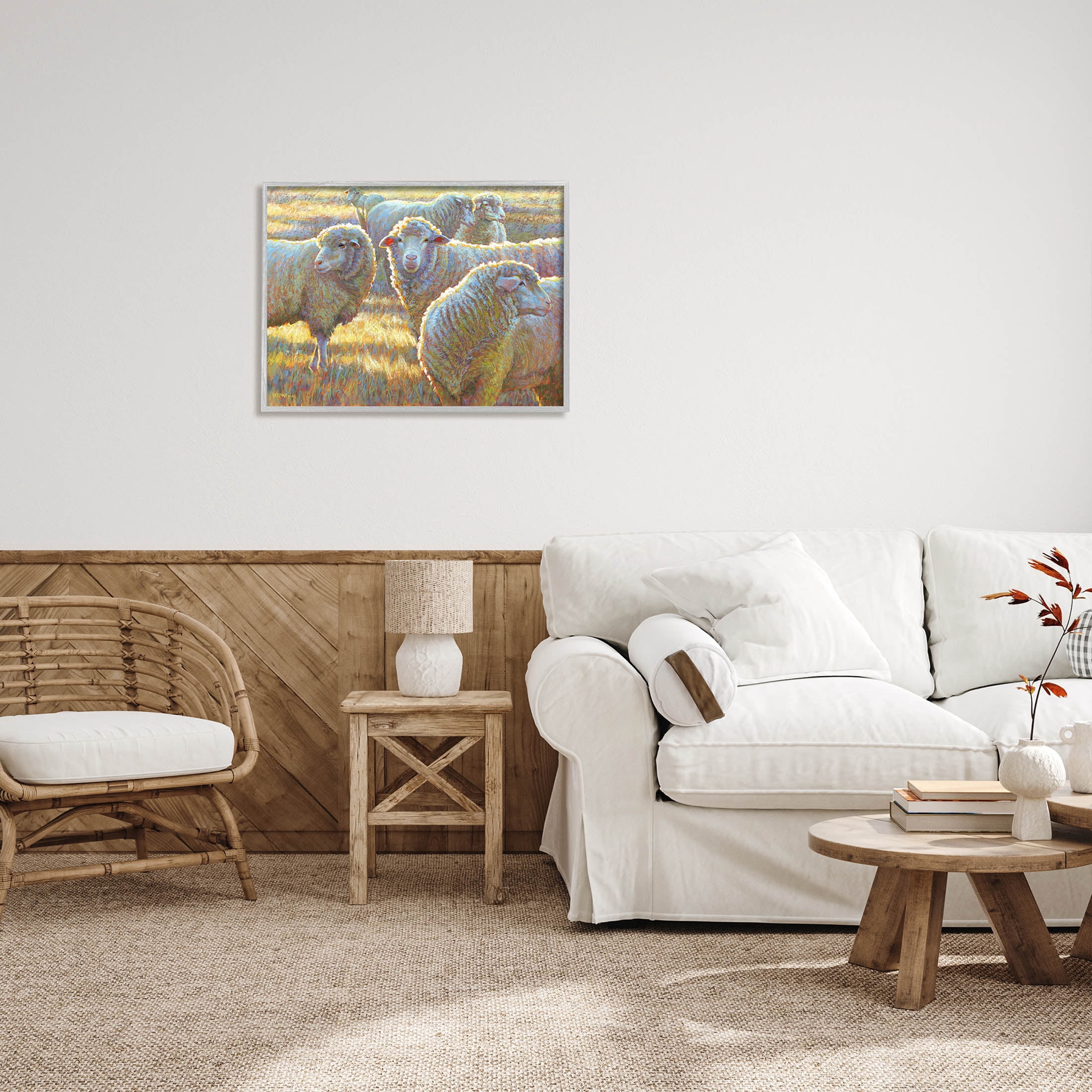Sheep Herd Grazing Grassland Animals & Insects Painting Gray Framed Art Print Wall Art