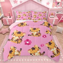 Homewish Kawaii Tiger Lover Bedding Comforter Set for Kids, Pink Blossoms Flower Floral Twin Comforter Sets, Cute Cartoon Animal Reversible Bedding Set, Ultra Soft Bedroom Decor, 2-Piece