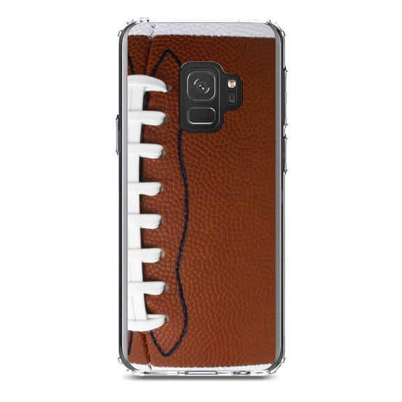 DistinctInk Clear Shockproof Hybrid Case for Samsung Galaxy S9 (5.8" Screen) - TPU Bumper, Acrylic Back, Tempered Glass Screen Protector - Football Texture Photo Laces