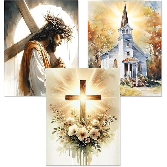 Diamond Art Kits for Adults Beginner, 3 Pack Jesus Pray Cross DIY Modern Diamond Painting Kits 5D Diamond Dots Gem Art Crafts with Tools,Round Full Drill Funny Crafts for Home Wall Decor&Gift
