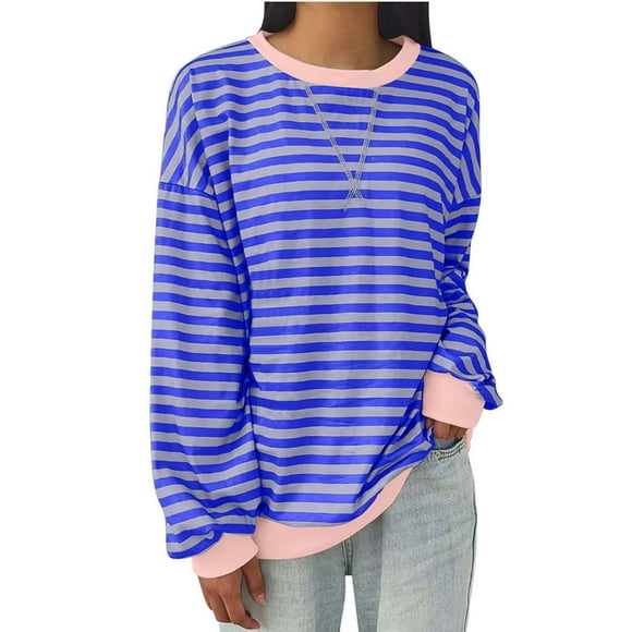 Jsaierl Oversized Sweatshirts for Women Loose Fit Striped Crewneck Sweatshirt Long Sleeve Stretch Fall Pullover Drop Shoulder Plus Size Tops
