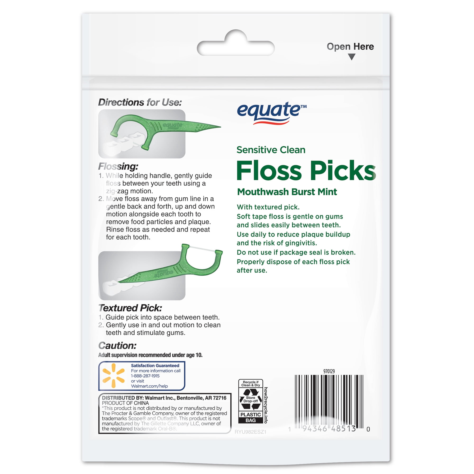 Equate Sensitive Clean Floss Picks, Mouthwash Burst Mint, 75 Count