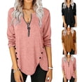 thumbnail image 3 of Gvmfive Women Solid Irregular Buttons Hem Zipper Neck Long Sleeve Casual T-shirt, M, 3 of 4