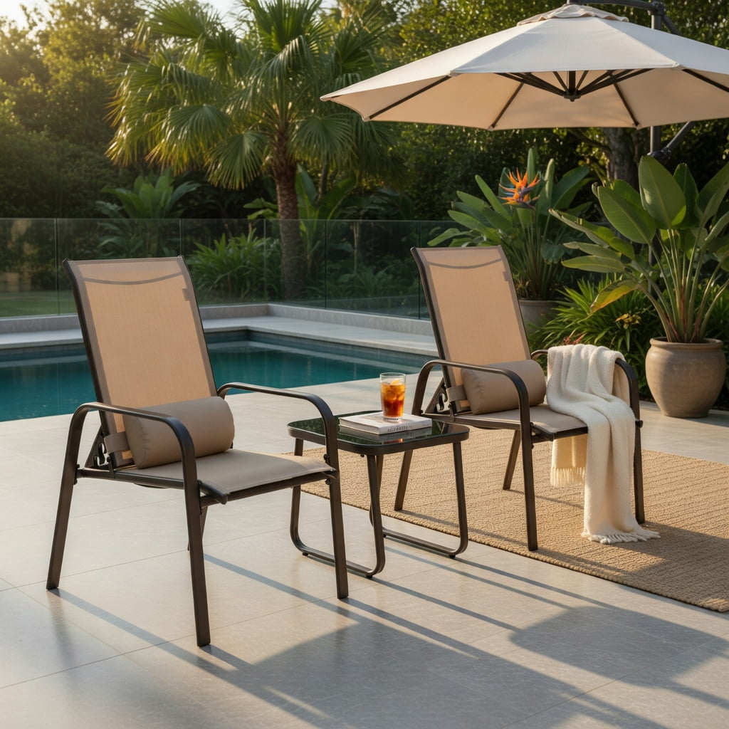 Hommoo 3-Piece Outdoor Bistro Set, Stackable Steel Chairs with Adjustable Backrest & Headrest, Tempered Glass Table, Brown