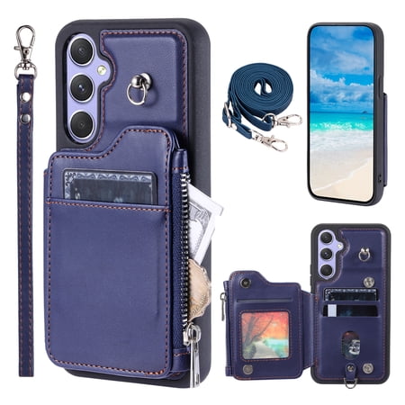 Compatible with Samsung Galaxy A14 5G PU Leather Clasp Flip Zipper Purse Case, with Shoulder Strap Lanyard for Women Credit Card Holder Cell Accessories Phone Cover for Samsung Galaxy A14 5G, Blue