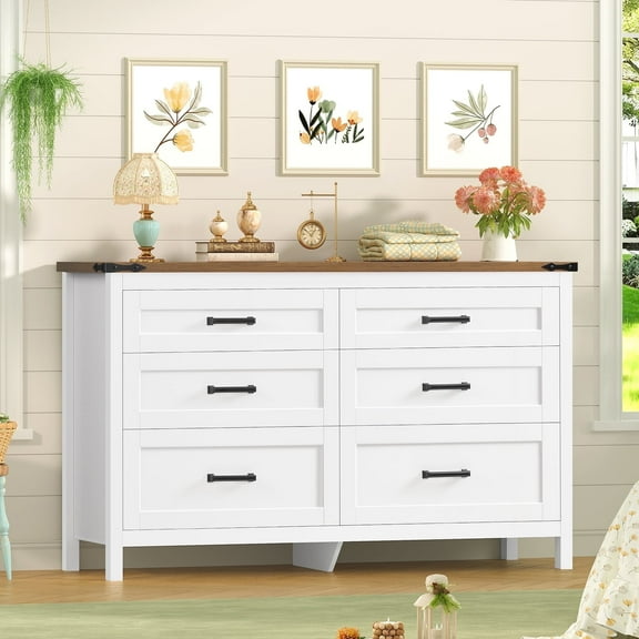 TEENFON Farmhouse 6 Drawer Dresser for Bedroom, 47.2'' Wide Wood Chest of Drawers with Large Metal Handles, Dresser for Closet, Bedroom Dresser for Living Room, Entryway, White