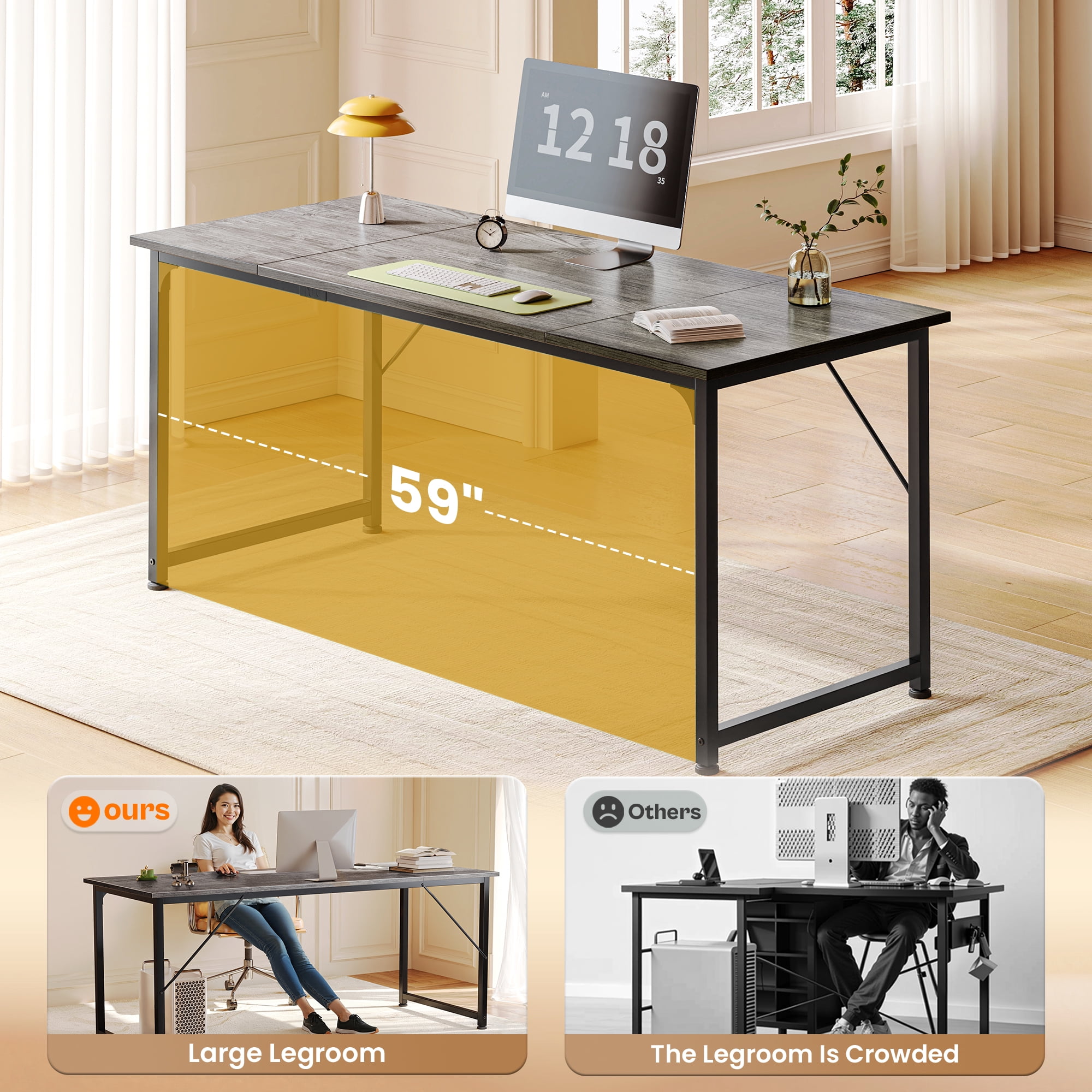 63" Computer Desk, Modern Office, Study & Gaming Desk with Storage, Large Legroom, Sturdy Metal Frame
