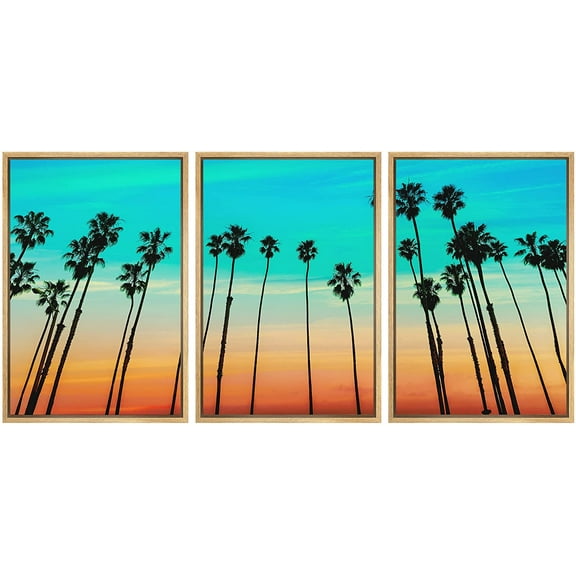 wall26 - 3 Piece Framed Canvas Wall Art - California Sunset Palm Tree Rows in Santa Barbara US - Modern Home Art Stretched and Framed Canvas Ready to Hang - 16"x24"x3 Natural