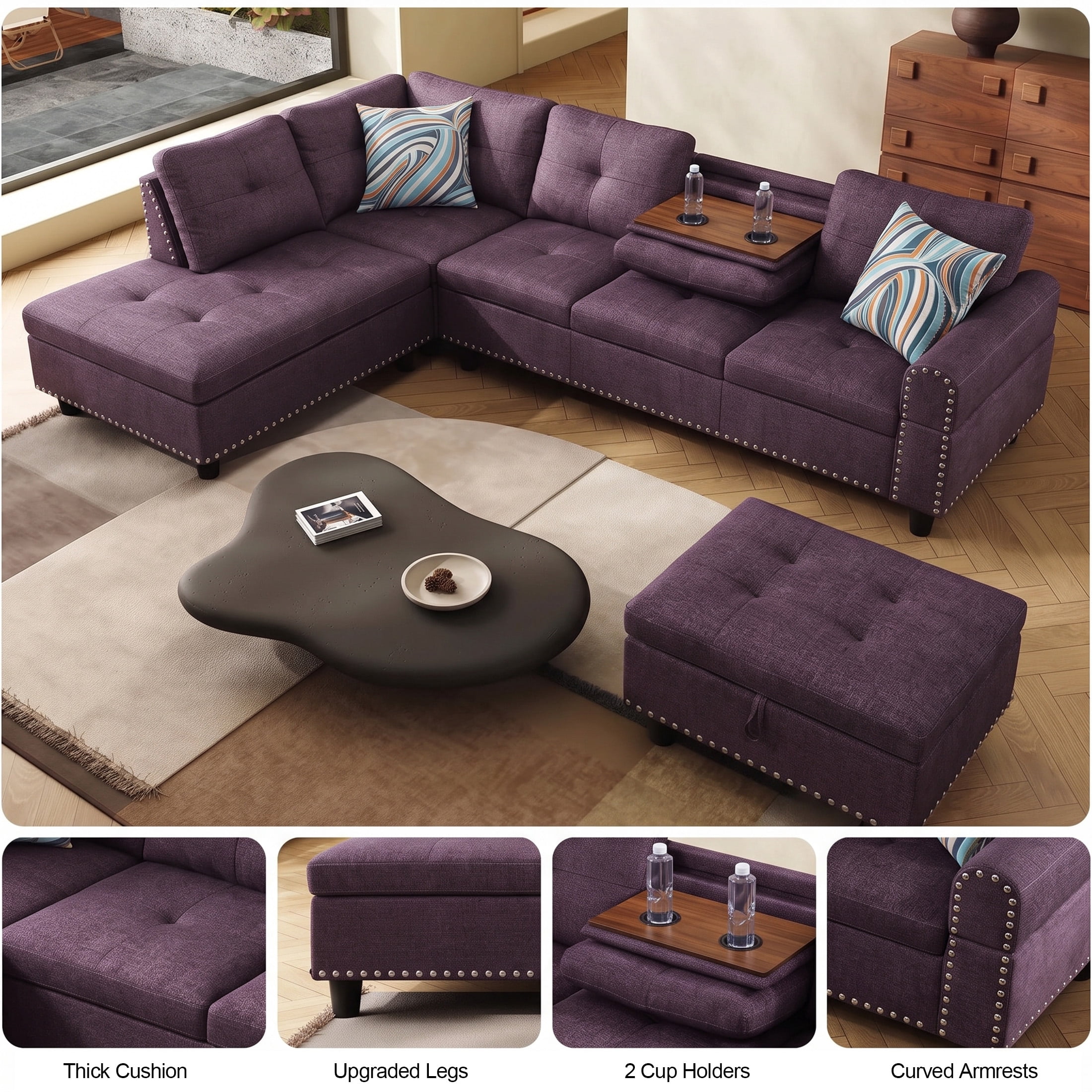 AENKYO 98" L-Shaped Sectional Sofa with Reversible Chaise, Storage Ottoman & Cup Holders, Linen, Purple