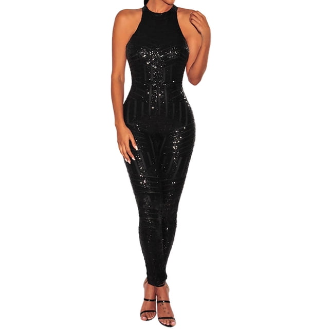 QTBIUQ Femmes O-Cou Sequin hors Épaule Sans Manches Rompers Combinaison de Jeu