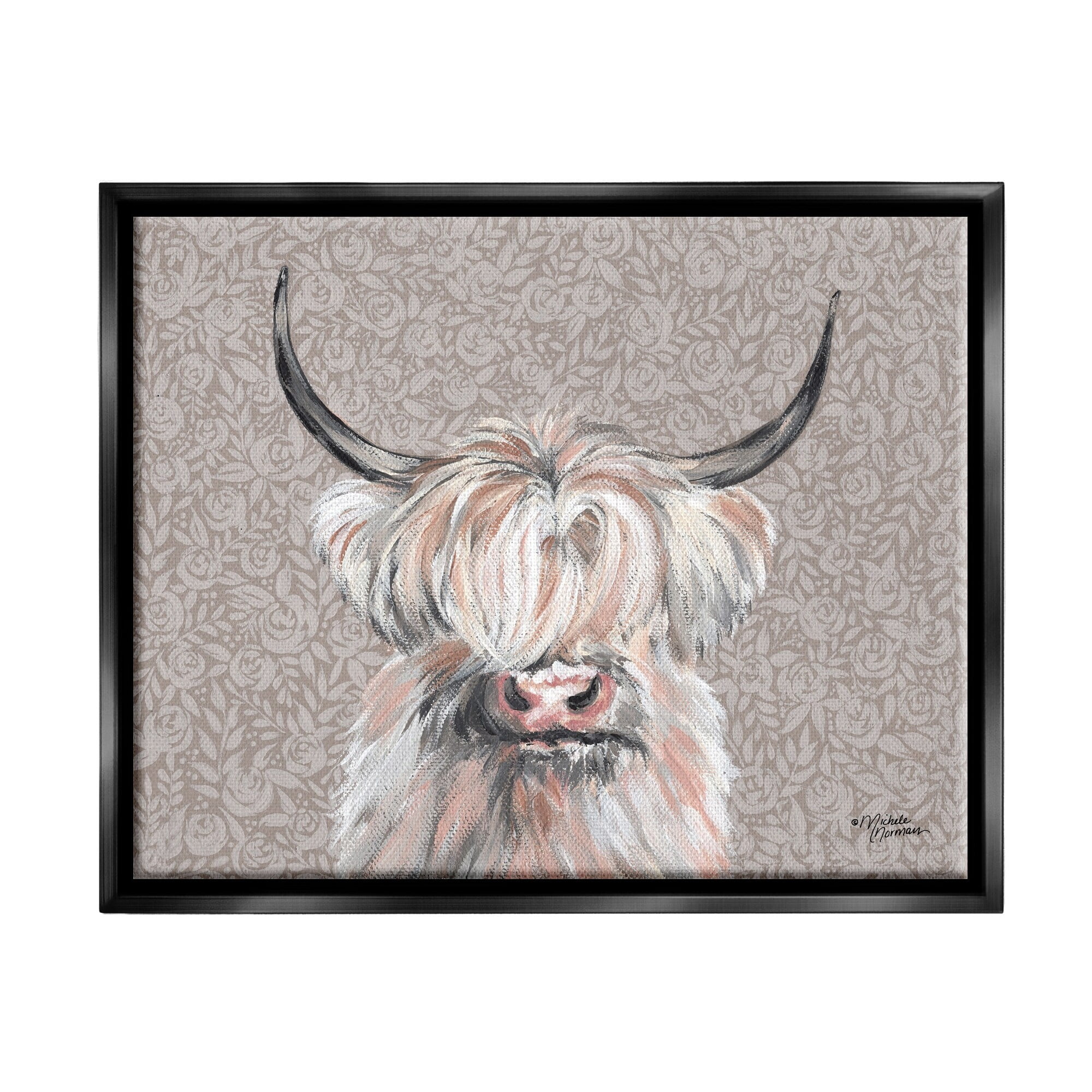 Stupell Industries Grumpy White Buffalo on Floral Print Farm Animal Luster Gray Framed Floating Canvas Wall Art, 16x20, by Michele Norman