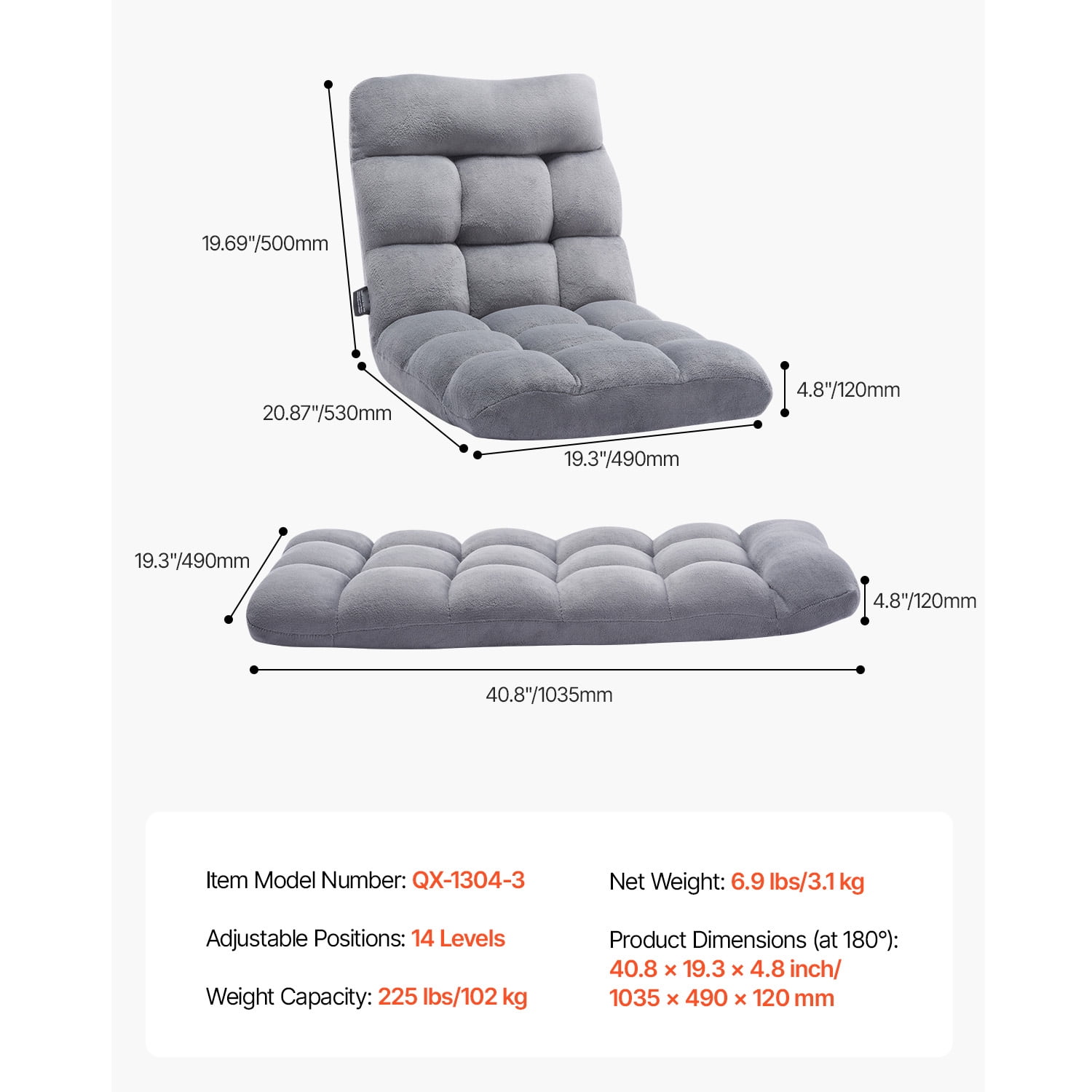 KFFKFF Floor Chair, Foldable Lounge Chair with 14-Position Adjustable, Lumbar Support, Reading Chair Perfect for Sleep, Reading, Gaming, Gray