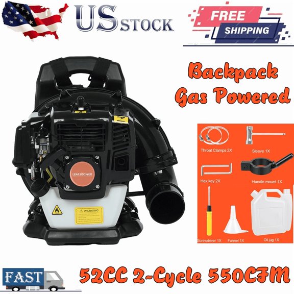 Seipouy 52CC Gas Leaf Blower, 2 Cycle Backpack Leaf Blower, Up to 550CFM and 200MPH , Variable Speed & Cruise Control, Powerful Blowing Force