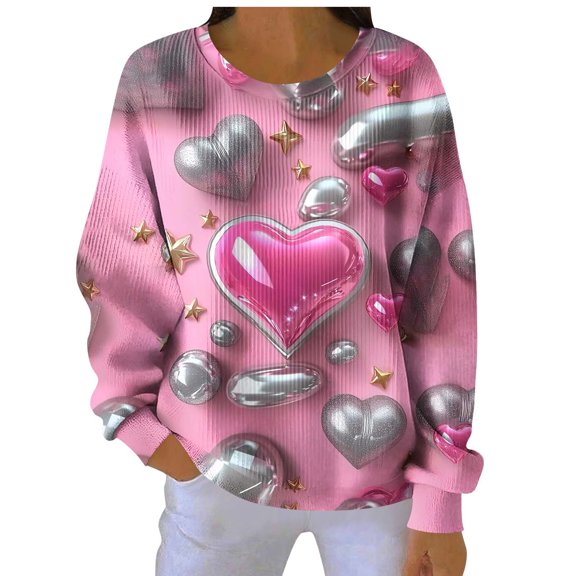 Fewfanhot Women Clothing Heart Graphic Printed Fall Sweaters Cute Long Sleeve Pullover Jumper Crew Neck Lightweight Sweater