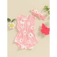 thumbnail image 2 of Bagilaanoe Newborn Baby Girl Summer Rompers Daisy Print Sleeveless Bodysuits + Headband 3M 6M 12M 18M Infant Casual One Piece Jumpsuit, 2 of 7
