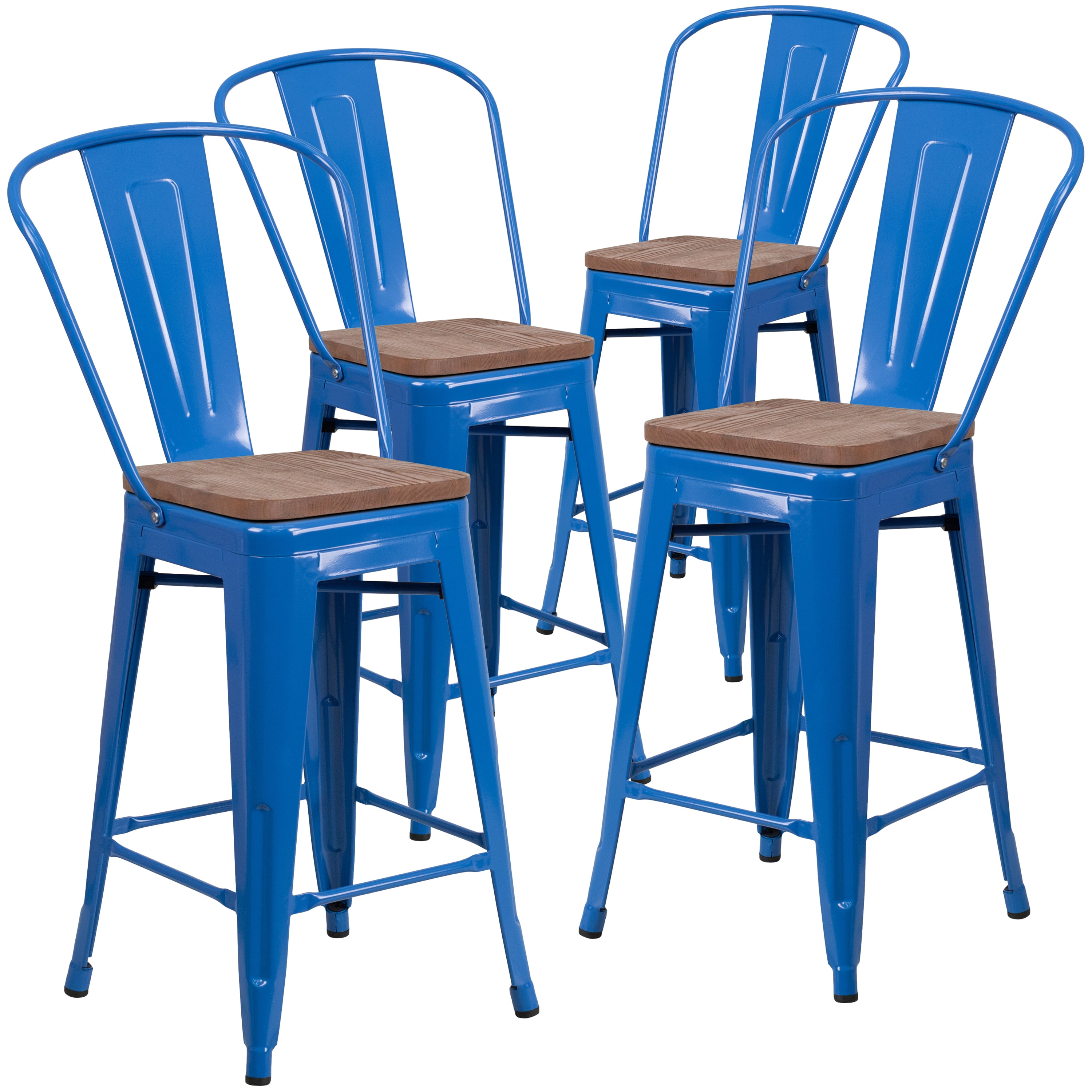 Flash Furniture 4 Pk. 24" High Blue Metal Counter Height Stool with Back and Wood Seat