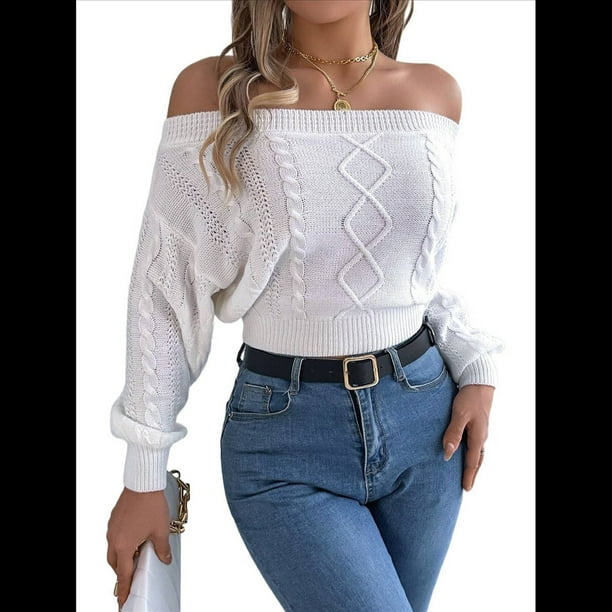 Suéter de Mujer con Hombros Descubiertos, Jersey de Punto con Cable Liso, Top Informal de Larga, Suéteres Cortos S