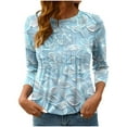 thumbnail image 2 of Womens Tops Floral Printed 3/4 Sleeved Casual T-shirt Round Neck Top *Blue M,Tops for Women, 2 of 6