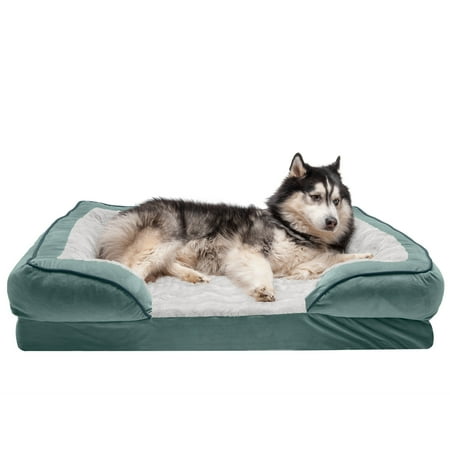 UPC: 0842229119893 | FurHaven Pet Products | Memory Foam Perfect Comfort Velvet Waves Sofa-Style Couch Pet Bed for Dogs & Cats Celadon Green Jumbo