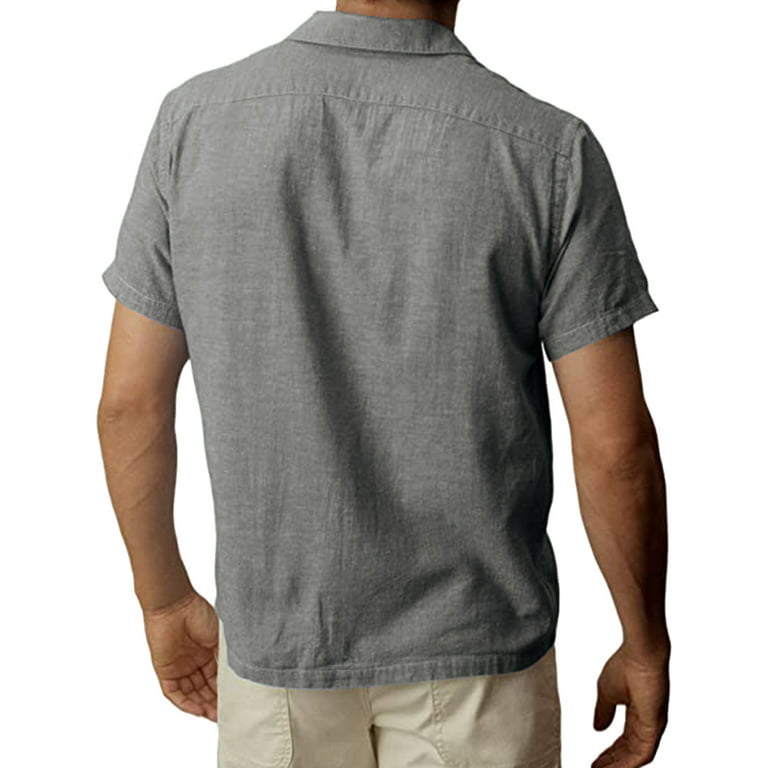 Men Fashion Casual Top Shirt Solid Color Pocket Single Shirts Cotton And  Linen Shirt Short Sleeve Top Shell Top 