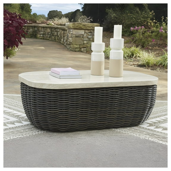 Signature Design by Ashley Kimora Outdoor Patio Coffee Table - Weather Resistant Wicker with Marble-Look Aluminum Top, Dark Brown