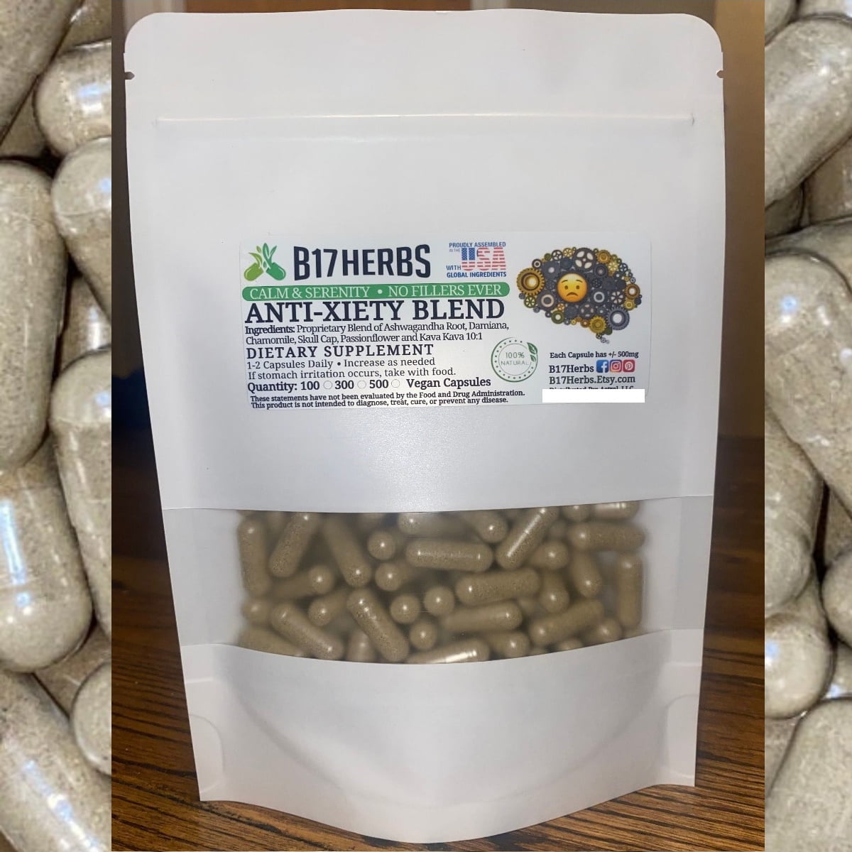 ANXIETY BLEND - 100 Caps | Ashwagandha Root | Chamomile | Damiana | Kava Kava Extract | Lemon Balm | Passionflower | Relax | B17 Herbs - Bulk Purchase - 100 Veg. Caps