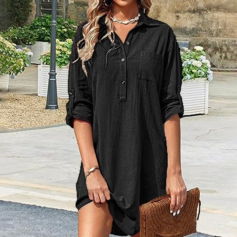 Linen Dress Black Long Sleeve Collared Dress ASOS DESIGN Collared