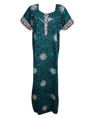 Mogul Blue Batik Print Maxi Caftan Dress Short Sleeves Comfy House Dress L For Womens