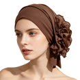 thumbnail image 4 of VJGBEGW Women Pre-Tied Ruffled Turban Head Wrap Soft Stretch Ruffle Floral Side Head Scarf Breathable Chemo Cap for Hair Loss Coffee One Size, 4 of 4