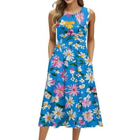 Biziza Long Casual Dresses for Women Blue 2025 Causal Sleeveless Vintage Floral Elegant Dresses Stretch Polyester Round Neck Lightweight Cotton Corset Dress with Pockets