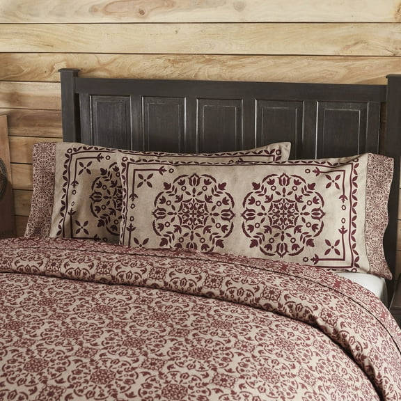 VHC Brands Custom House Burgundy & Tan Jacquard King Pillow Case Set of 2 21x40 4, Cotton Pillow Case, Country Covers for Pillows, Custom House Collection, Rectangle 21x44, Natural