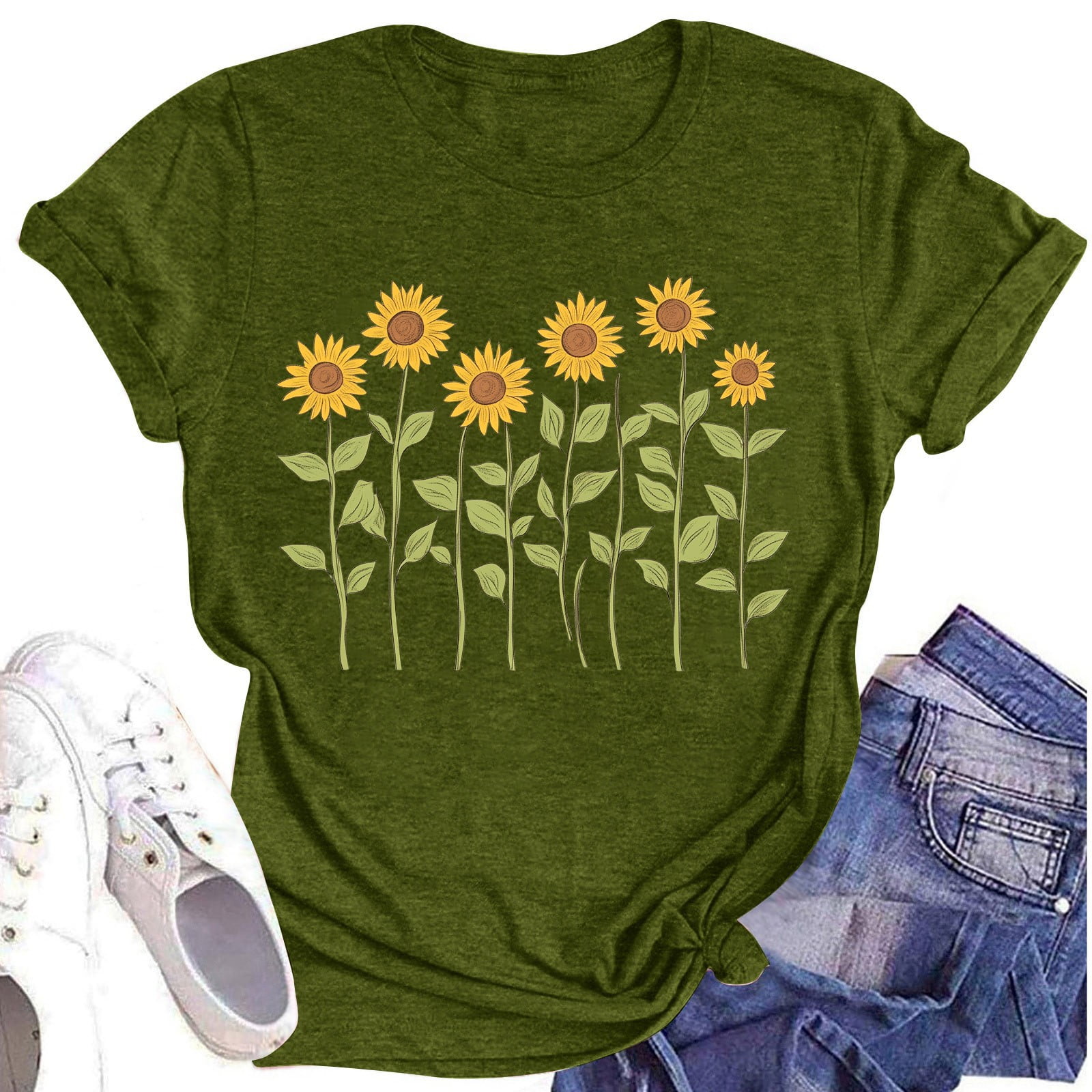 Fall Shirts for Women 2025 Lightweight Cool mit Print Print Casual Crewneck Short Sleeve Loose Fit Oversize Plus Size Blouses for Women Army Green Size L