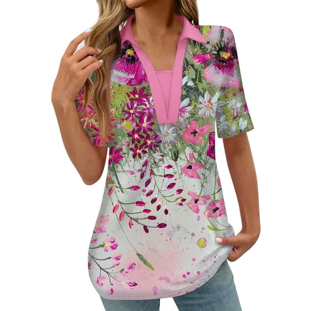 Tops Cortos para las Mujeres Blusas Impresas Manga Corta Turndown Collar Camiseta, Tops de Blusa para las Mujeres Casual
