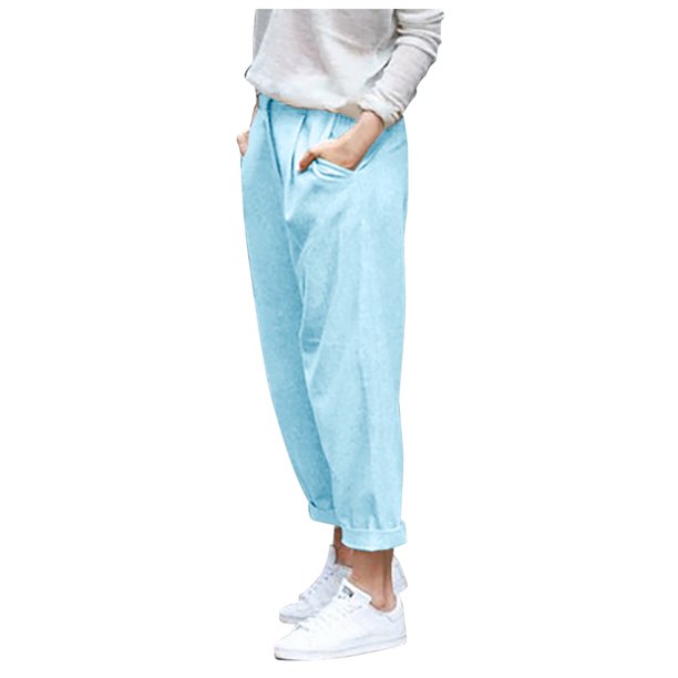 Pantalones de imitación de algodón y lino para mujer: pantalones holgados y finos de largo 9/10, poliéster, ropa informal de verano