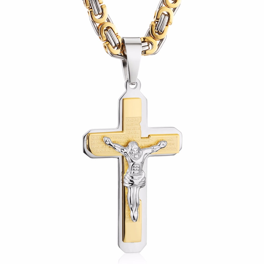 Lordluxury Crucifix Jesus Cross Necklace 14K Yellow Gold Christs Pendant Byzantine Chain Men Necklaces Jewelry Gifts