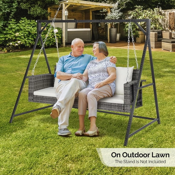 Zimtown Outdoor 5ft Wicker Hanging Porch Swing with Cushions & Chains, 800 lbs Rattan Swing Bench for Garden, Yard, Lawn (Grey White)