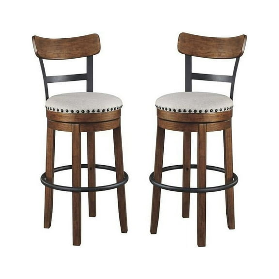 Home Square 2 Piece Swivel Wood Bar Stool Set with Fabric Seat in Brown