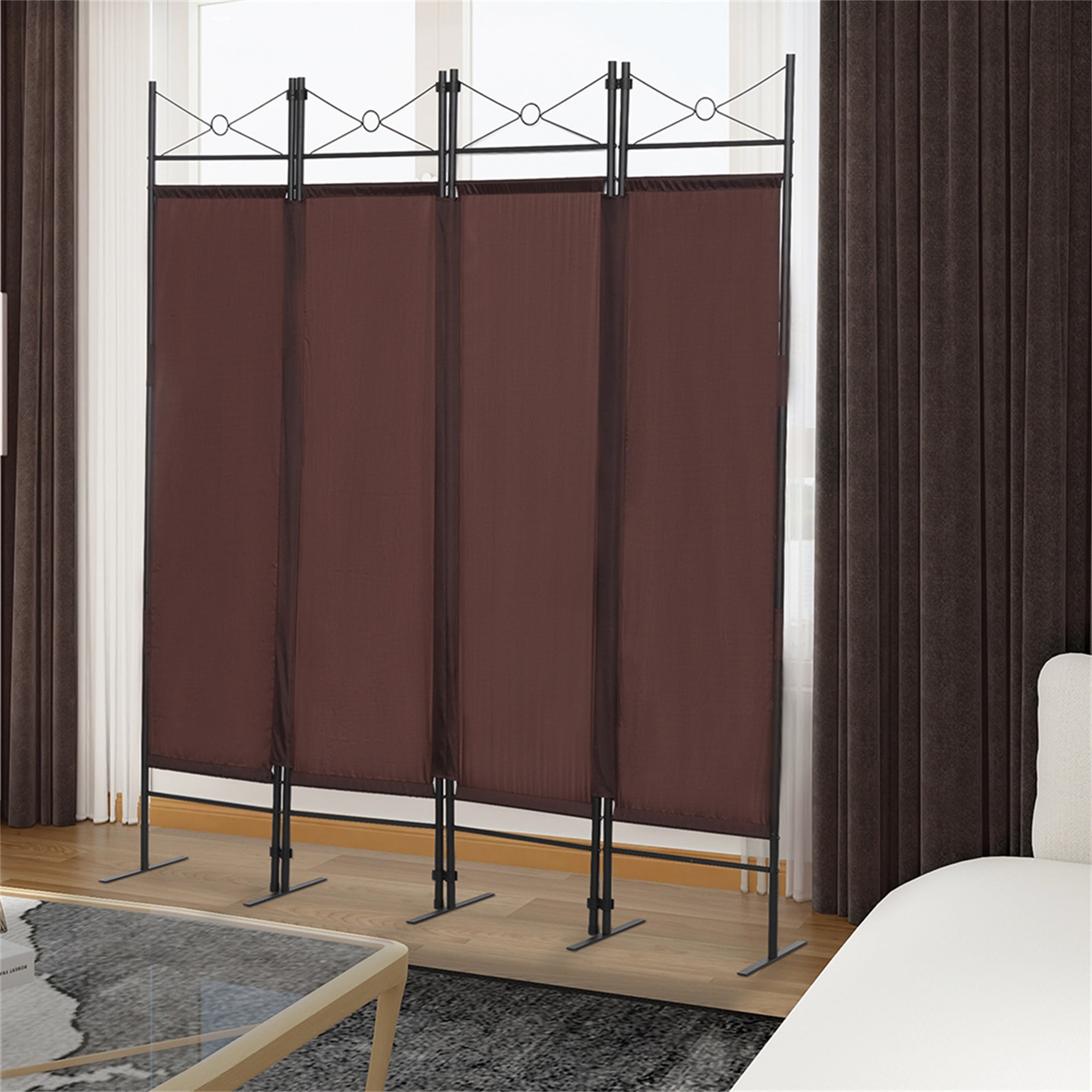 Kadyn 4-Panel Metal Folding Room Divider, 5.94Ft Freestanding Room Screen Partition Privacy Display for Bedroom, Brown Kadyn 4-Panel Metal Folding Room Divider, 5.94Ft Freestanding Room Screen Partition Privacy Display for Bedroom, Brown