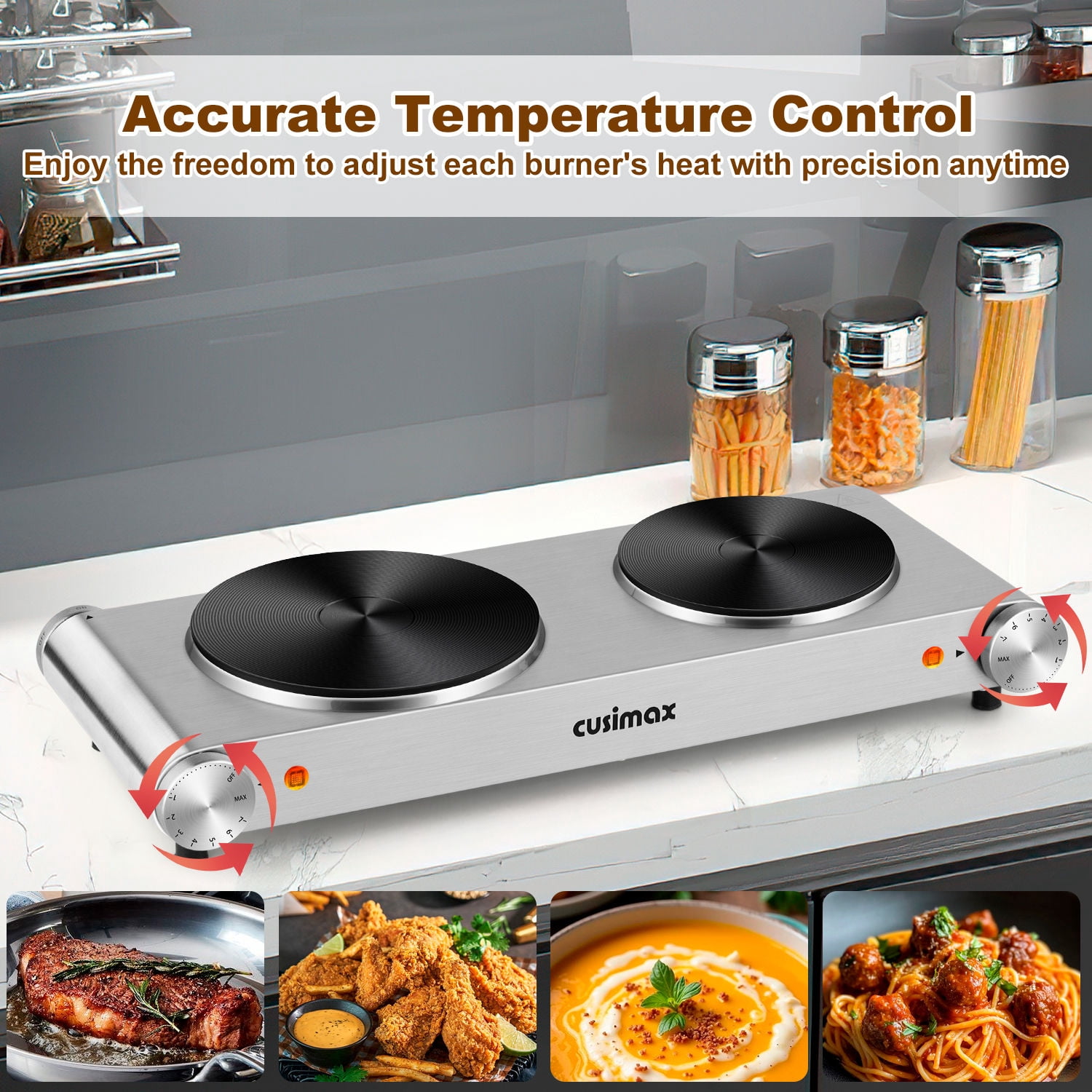 Cusimax 1800W Stainless Steel Electric Hot Plate Double Burner For Coking,Cast Iron Countertop Cooktop(Silver)