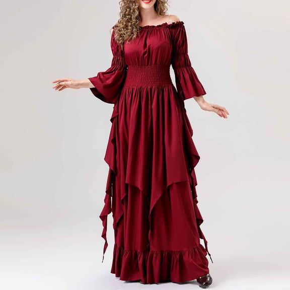 IUYRTFE Women Renaissance Gothic Dress Off Shoulder Lace Up Ruffled Maxi Gown for Medieval Faire Halloween Outfit
