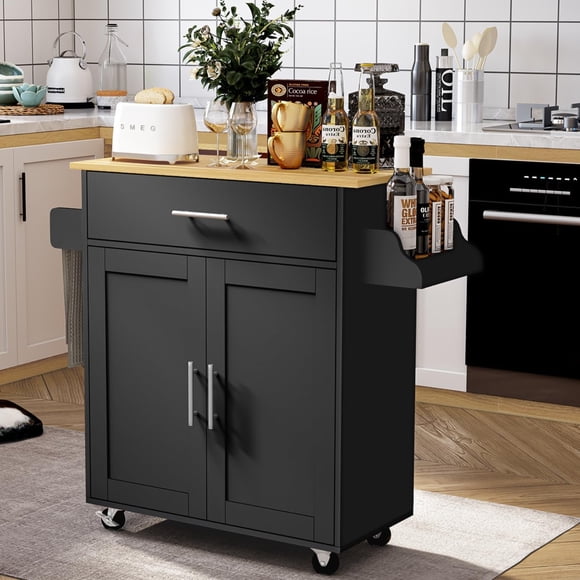 Carrito de Cocina Madera Carrito de Almacenamiento con Estante Ajustable Isla de Cocina Negro FurnitureR hogar
