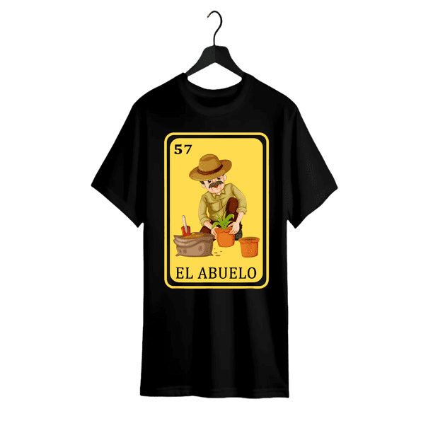 Camiseta gráfica divertida de estilo hispano-mexicano para hombre, 100 % algodón, cuello redondo negro con estampado "El Abuelo".
