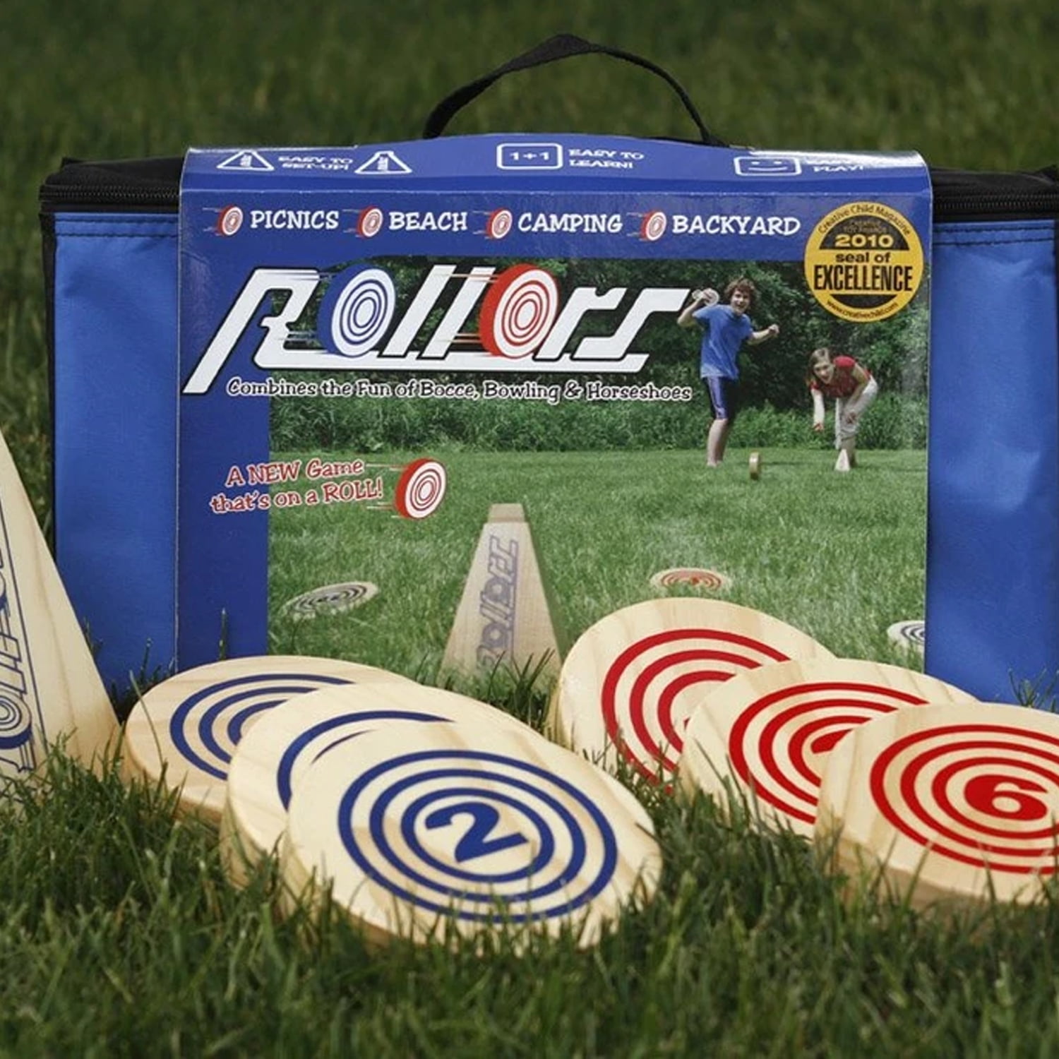 Rollors All Wood Outdoor Yard Game Combining Horseshoes, Bocce Ball and Bowling