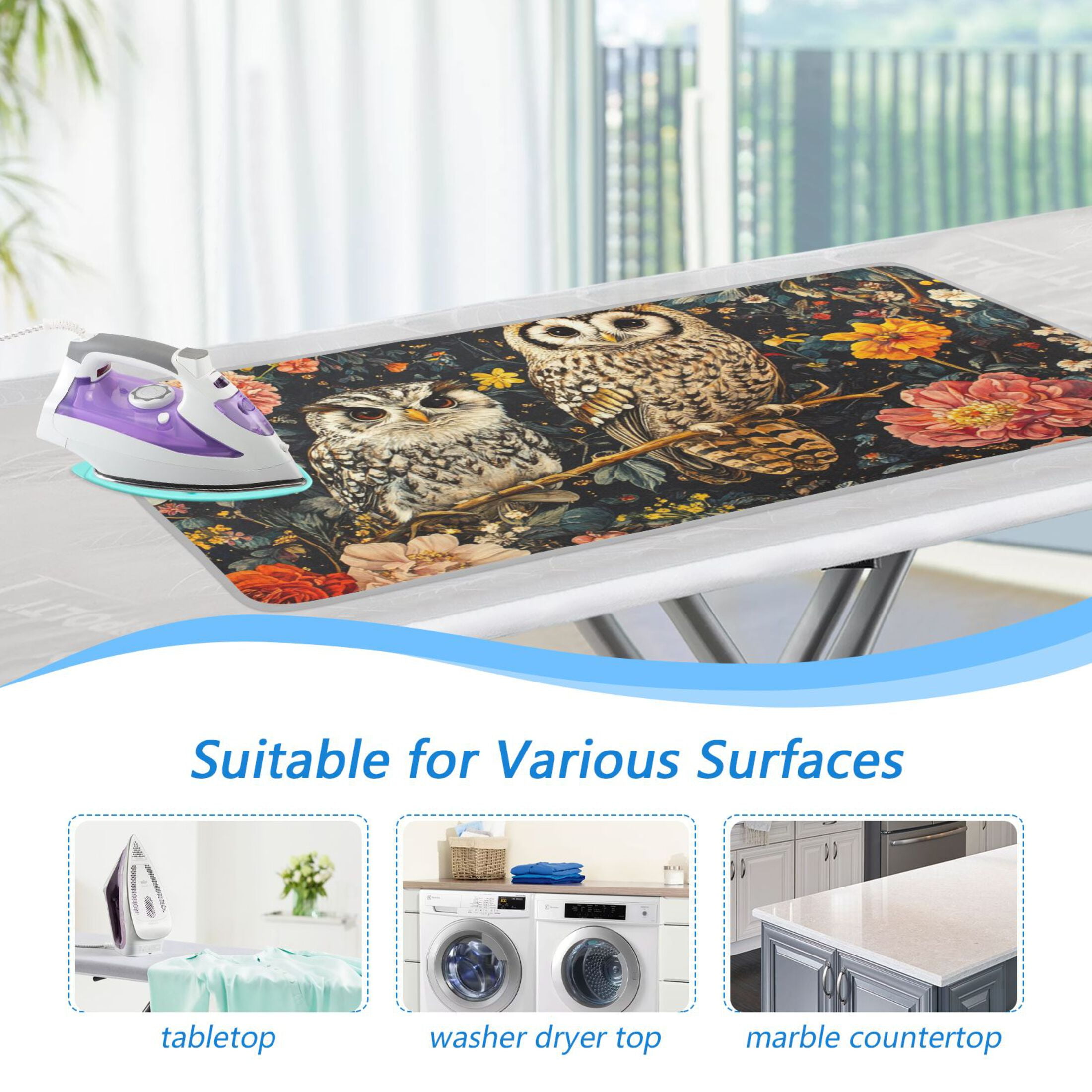 Vintage Owls and Flowers Ironing Mat Blanket for Table Top Travel Portable Ironing Board Pad 47.2x27.6 Inch
