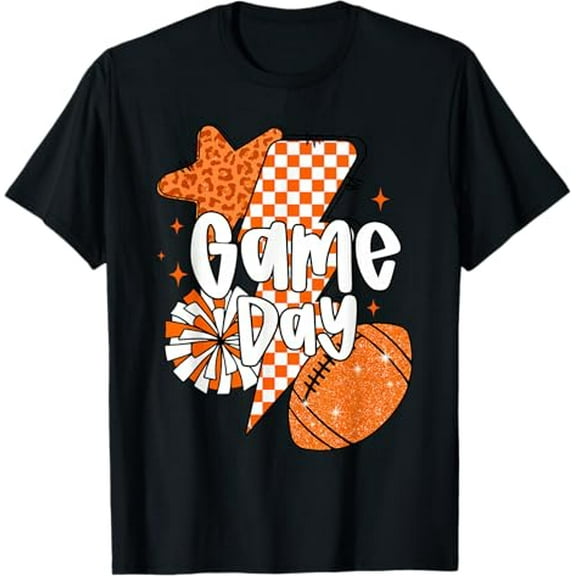Checkered Game Day Football Orange Touchdown Season Men Boys T-Shirt