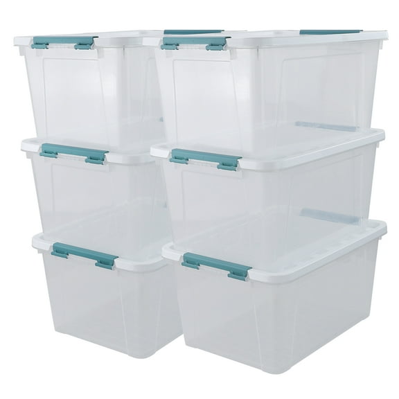 Buyitt 6-Pack 35 quart Large Plastic Storage Bin, Latching Box with Clear Base, White Lid and Green Latches