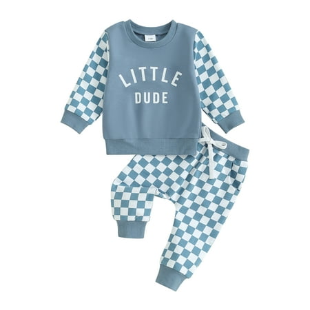 

Toddler Baby Boy Fall Clothes Long Sleeve Checkerboard Block Crewneck Sweatshirt Top Pants Set