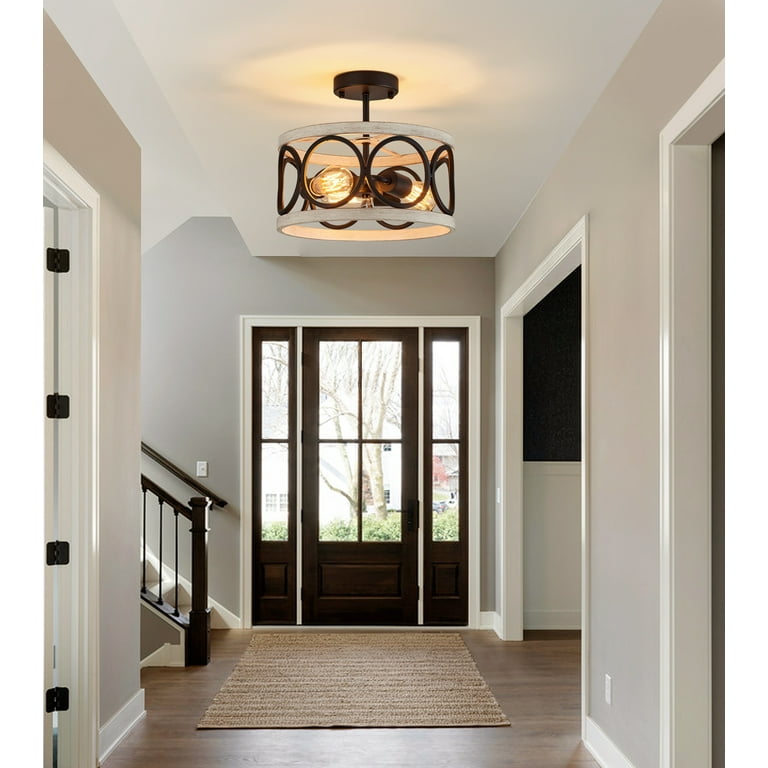 Q S 3 Lights Modern Farmhouse Ceiling Light Fixture Black and White Birch Finish Round Metal Flush Mount Ceiling Lights for Kitchen Dining Room