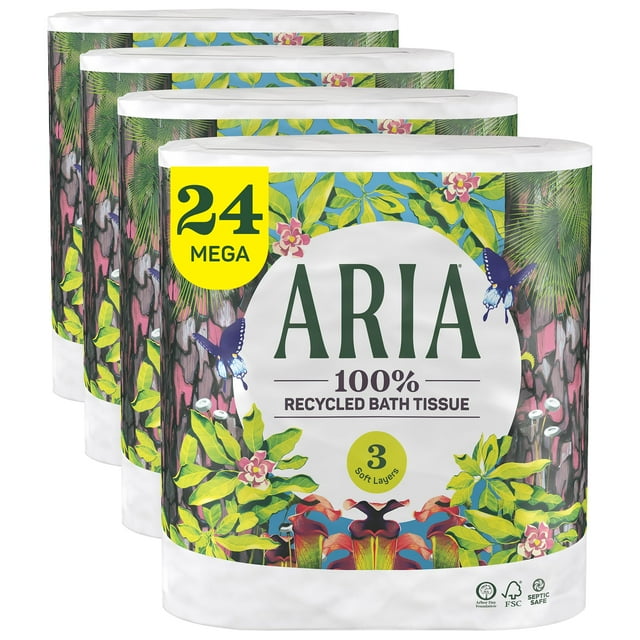 Papel higiénico Aria 100% reciclado, 4 paquetes de 6 rollos de 3 capas